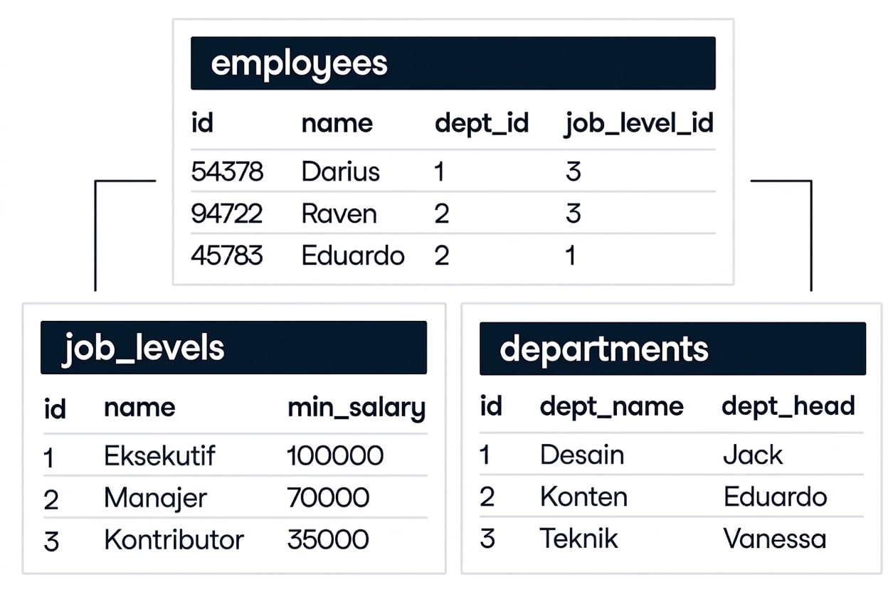 Gambar yang menunjukkan tiga tabel dalam sebuah database. Satu tabel bernama employees dan menunjukkan relasi ke dua tabel lain, yaitu job_levels dan departments.