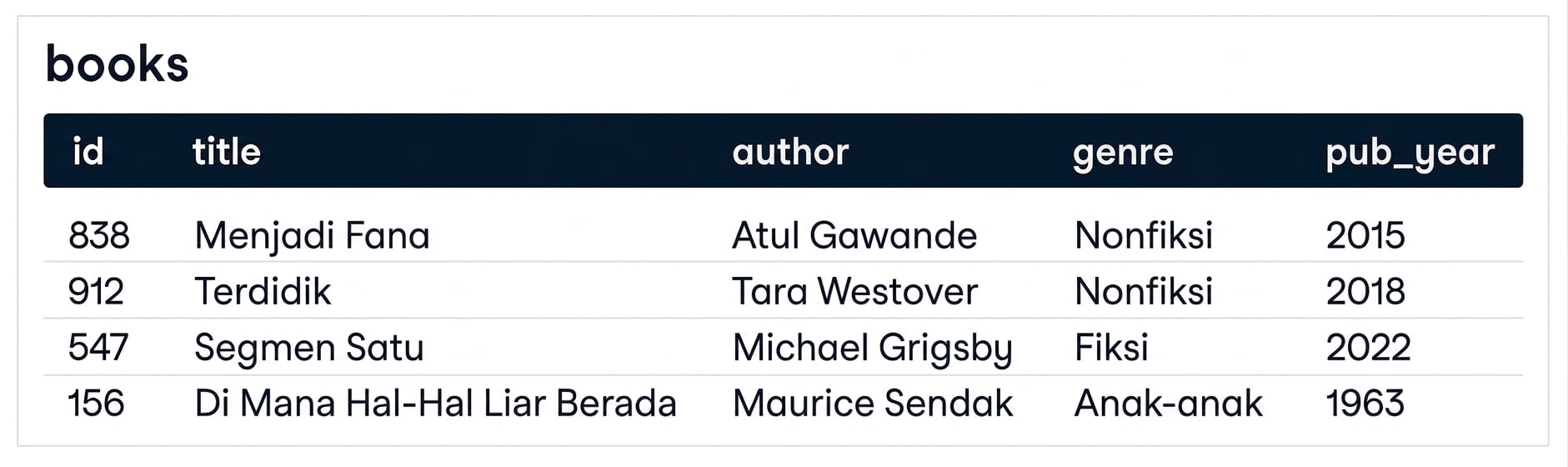 Gambar yang menunjukkan satu tabel bernama books dan lima kolom: id, title, author, genre, pub_year.