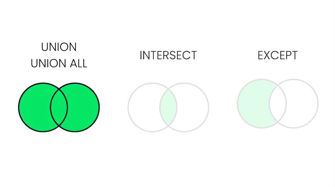 Sebuah gambar yang menampilkan tiga diagram Venn, dengan dua di antaranya diarsir. Hanya diagram dengan UNION yang menjadi fokus. Diagram UNION memiliki dua lingkaran yang tumpang tindih, sepenuhnya berwarna hijau.