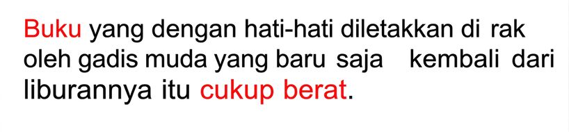 Contoh ketergantungan jarak jauh: "The book that the young girl, who had just returned from her vacation, carefully placed on the shelf was quite heavy."