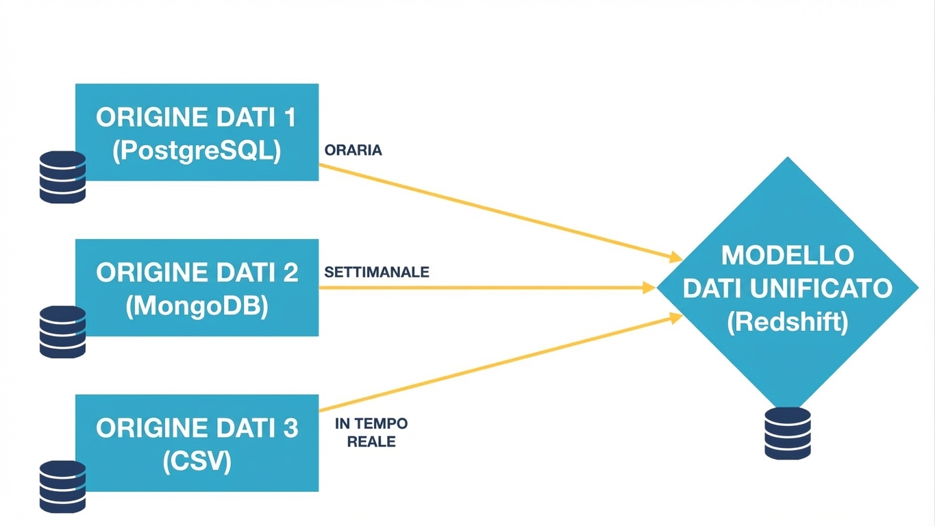 Le tre fonti di dati si collegano al modello di dati unificato