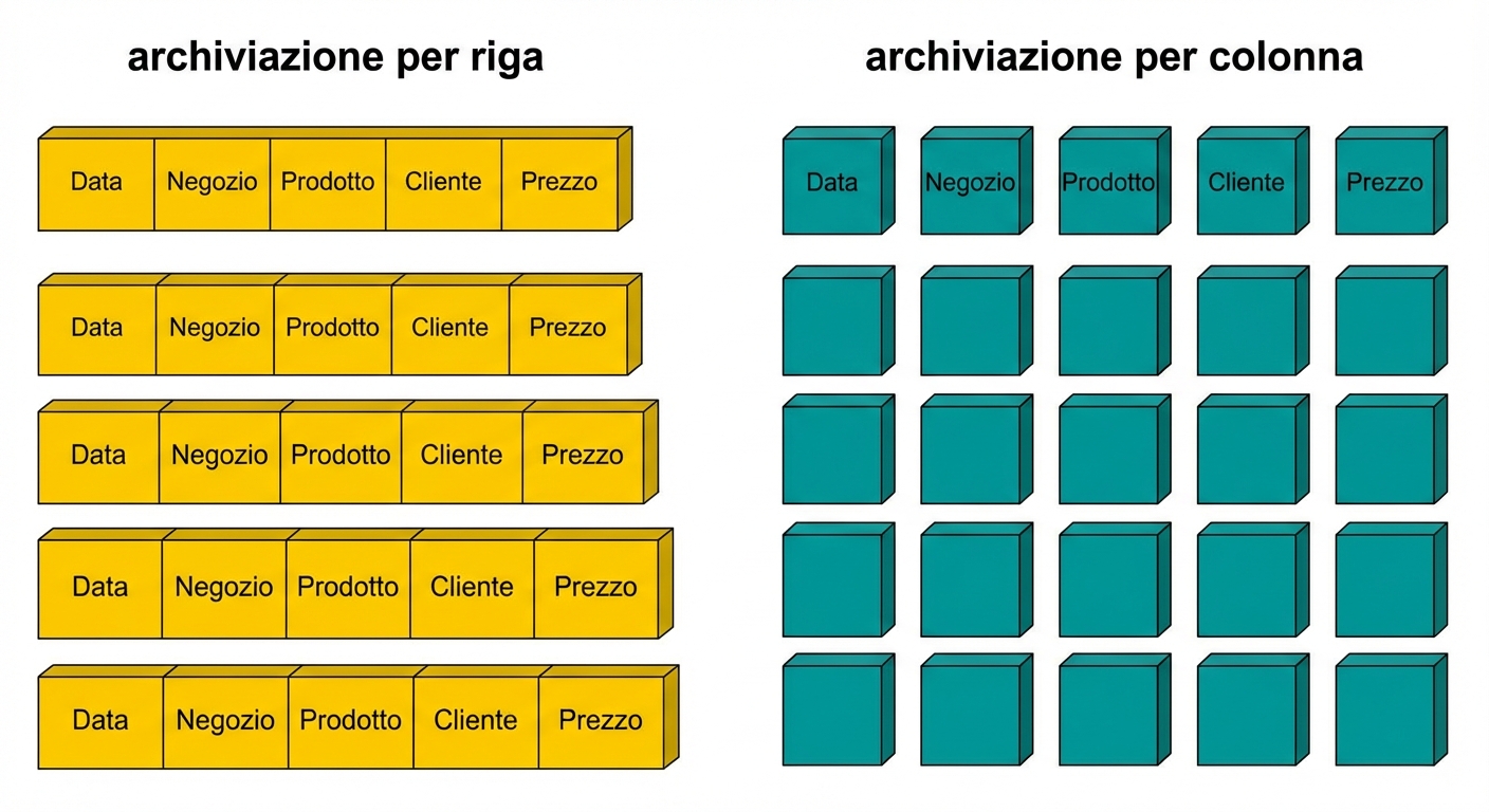 Diagramma che confronta l'archiviazione in row-store e column-store