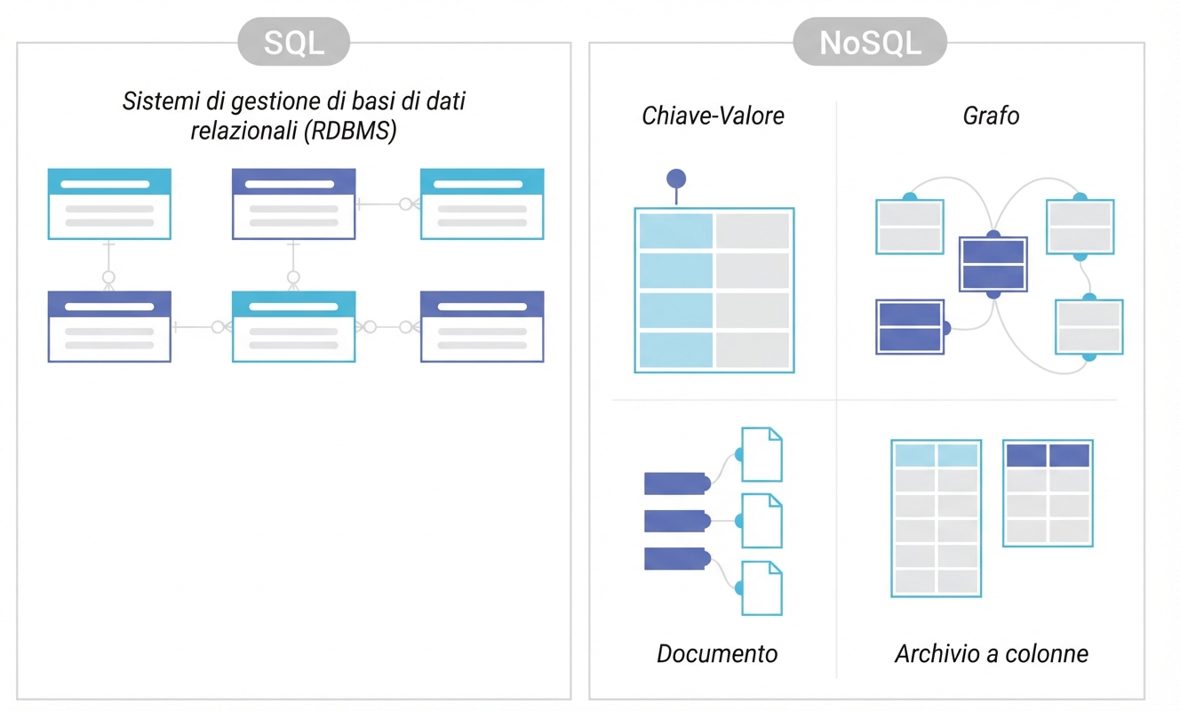 Diagramma che confronta l'archiviazione dei DBMS SQL e NoSQL.