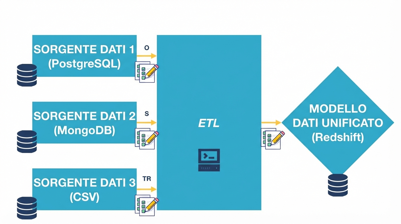 Diagramma ETL con icone di test in ogni fase