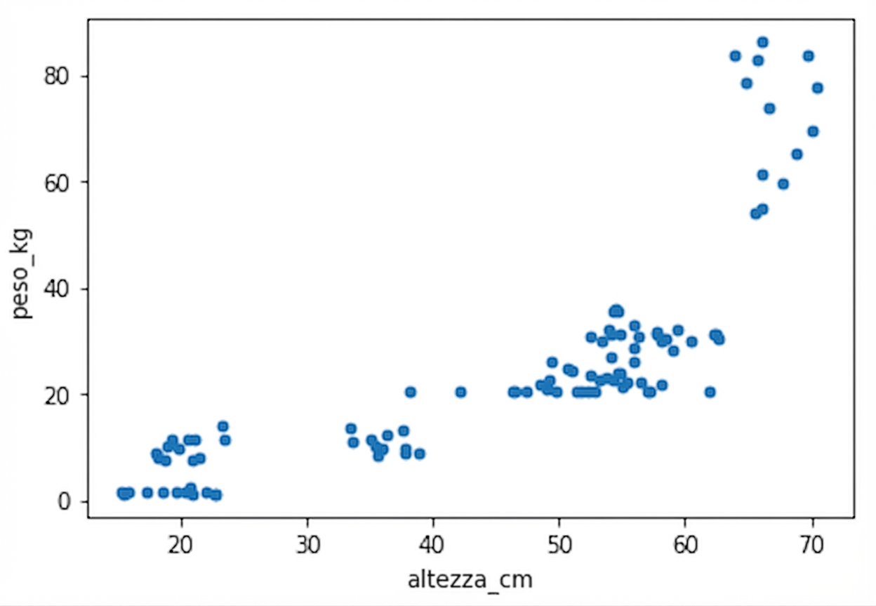 Un grafico a dispersione che mostra il peso dei cani rispetto alla loro altezza. Con l'aumentare dell'altezza dei cani, aumenta anche il loro peso. Ci sono un po' di gruppi. Mi chiedo se corrispondano alle razze.