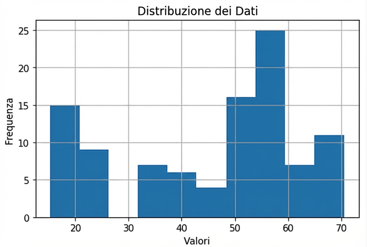 Un istogramma delle altezze dei cani. I cani più bassi sono sotto i 20 cm, mentre quelli più alti arrivano a 70 cm. L'altezza più comune dei cani è tra i 50 e i 60 cm.