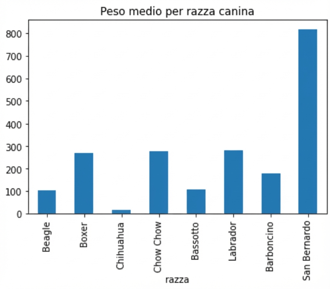 Lo stesso grafico a barre che vedi a sinistra dello schermo, ma con un titolo in più che dice "Peso medio per razza di cane".