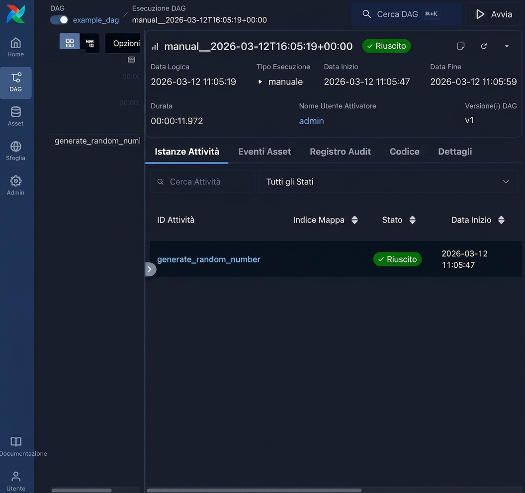 Vista task di un run del DAG in Airflow con dettagli dei singoli task come generate_random_number