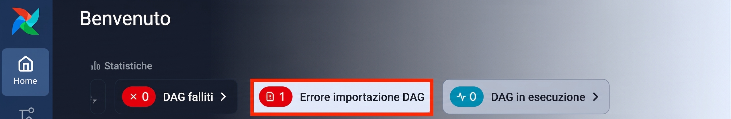 Pagina di benvenuto di Airflow che mostra un avviso di errore di import di un Dag