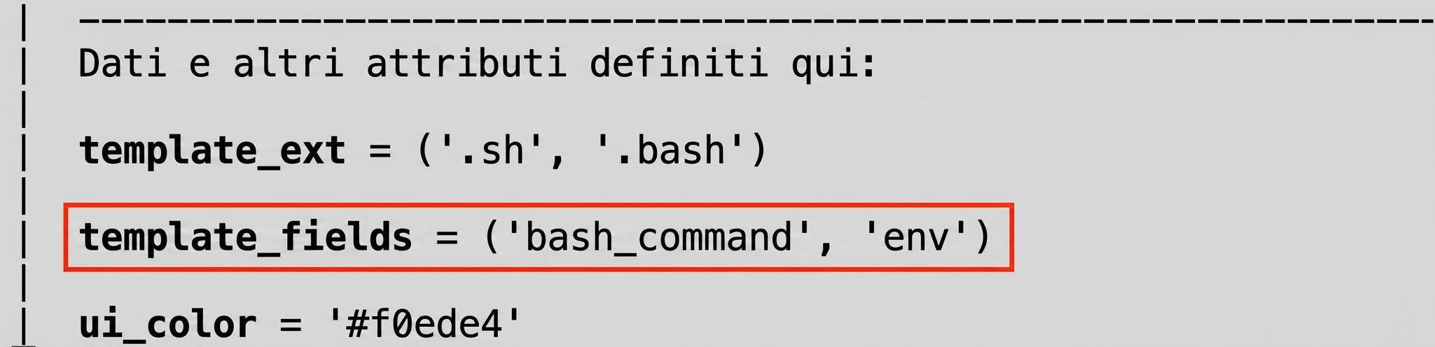 Output del terminale che evidenzia la riga template_fields in Airflow help
