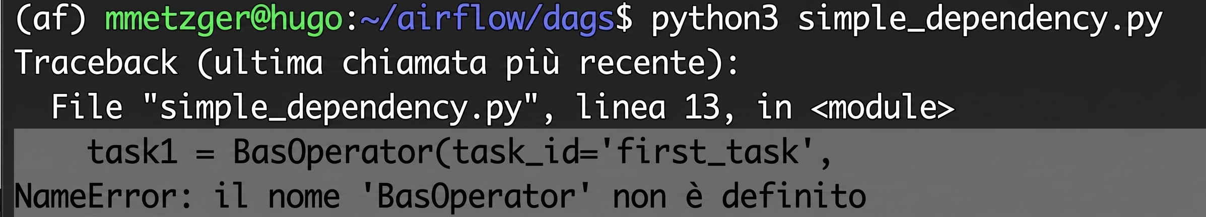 Terminale che mostra un errore di sintassi Python eseguendo un file Dag con python3
