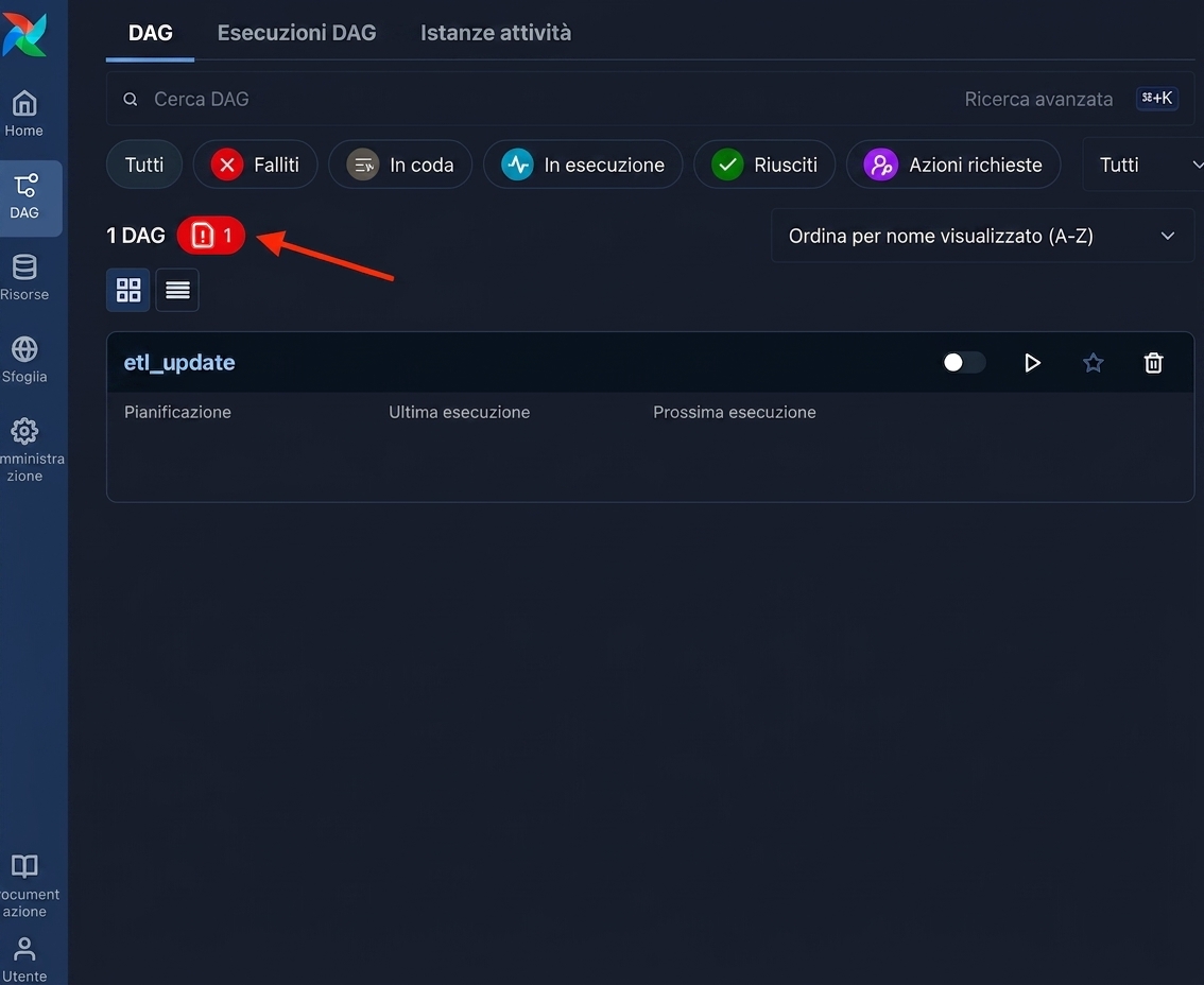 Vista Dags con il pulsante di notifica dell'errore di import evidenziato