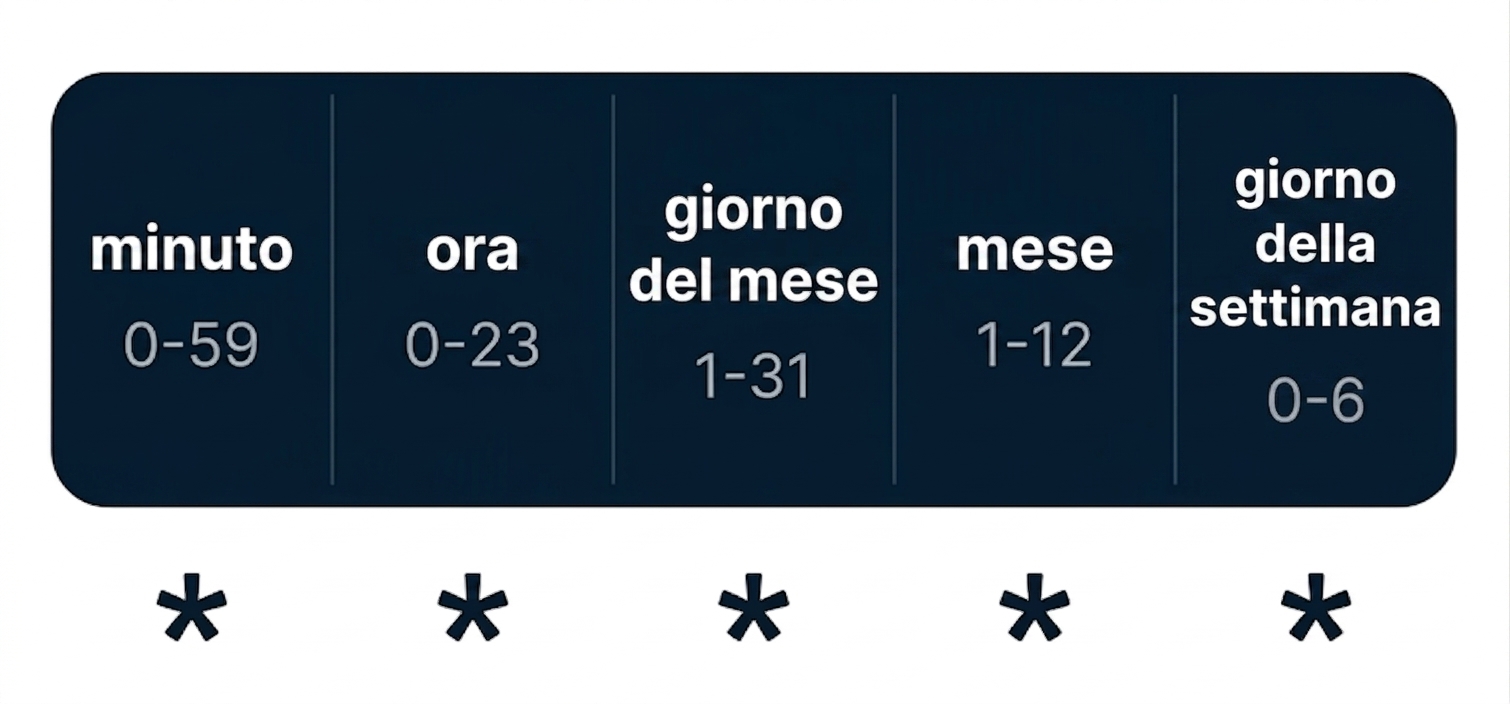 Diagramma della sintassi cron con i cinque campi tempo separati da spazi