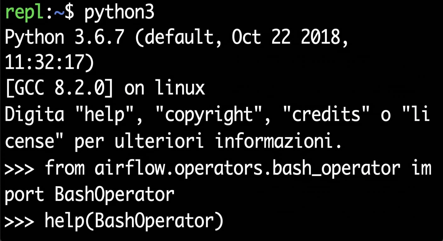 Terminale che mostra l'output di help di python3 per un oggetto Airflow