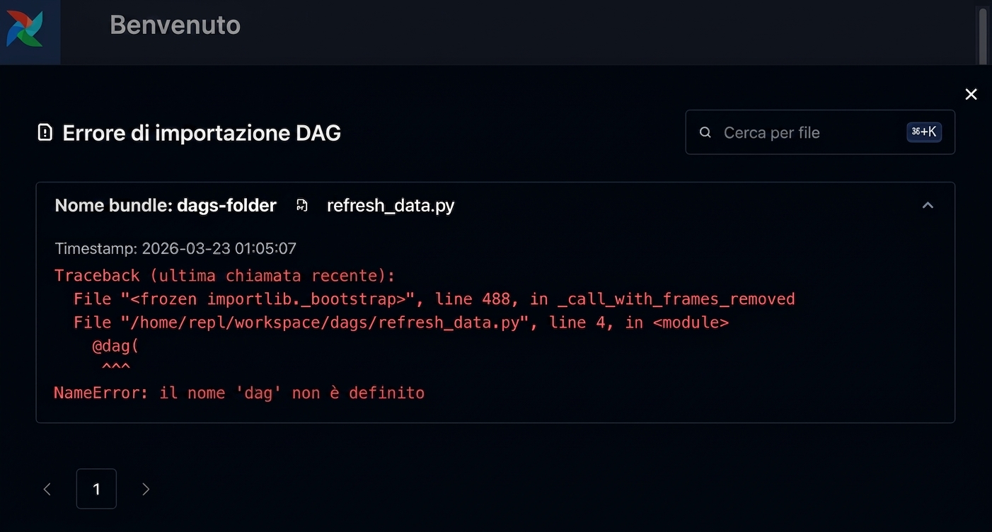 Dettaglio dell'errore di import in Airflow che mostra il traceback del Dag