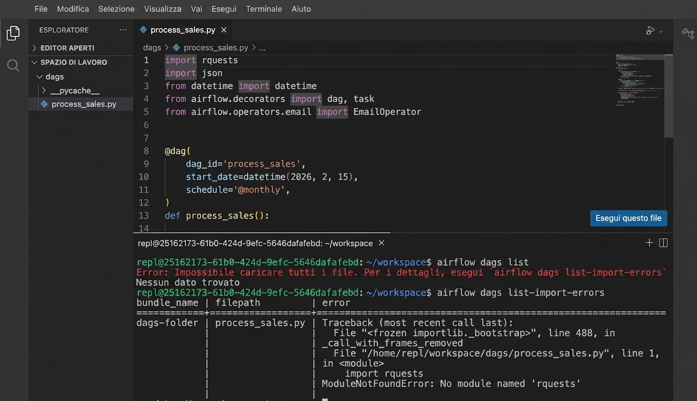 Output del terminale di airflow dags list-import-errors che mostra un errore