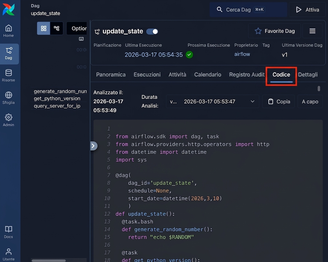 Vista codice del Dag con il sorgente Python di sola lettura che definisce il Dag