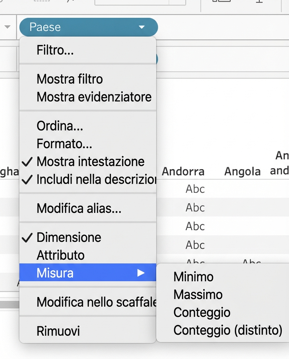 Menu a tendina di Tableau per aggregare dimensioni