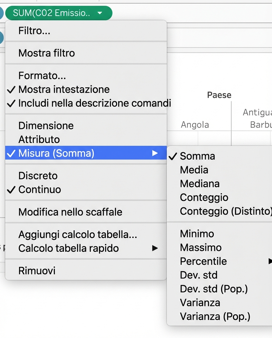 Menu a tendina di Tableau per aggregare misure