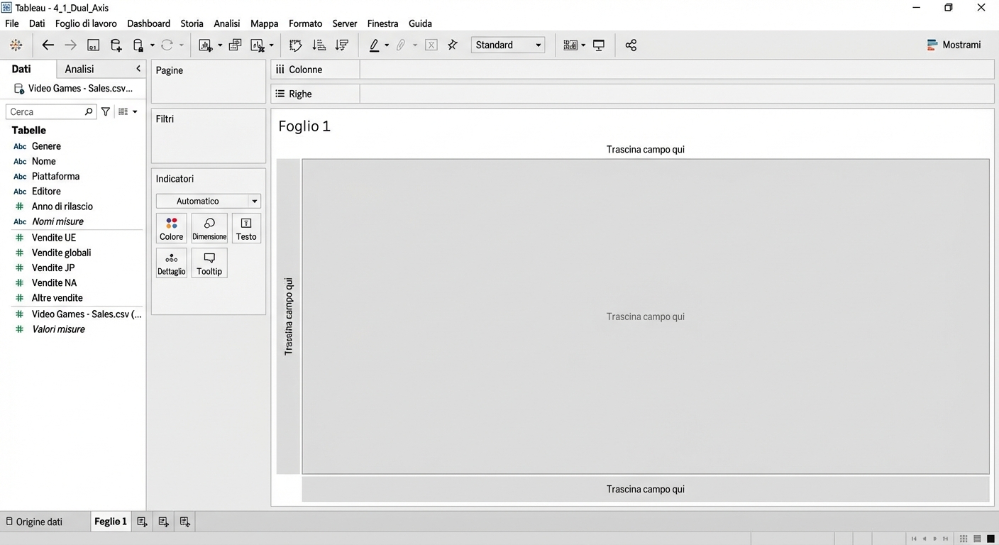 Screenshot di una cartella di lavoro Tableau vuota