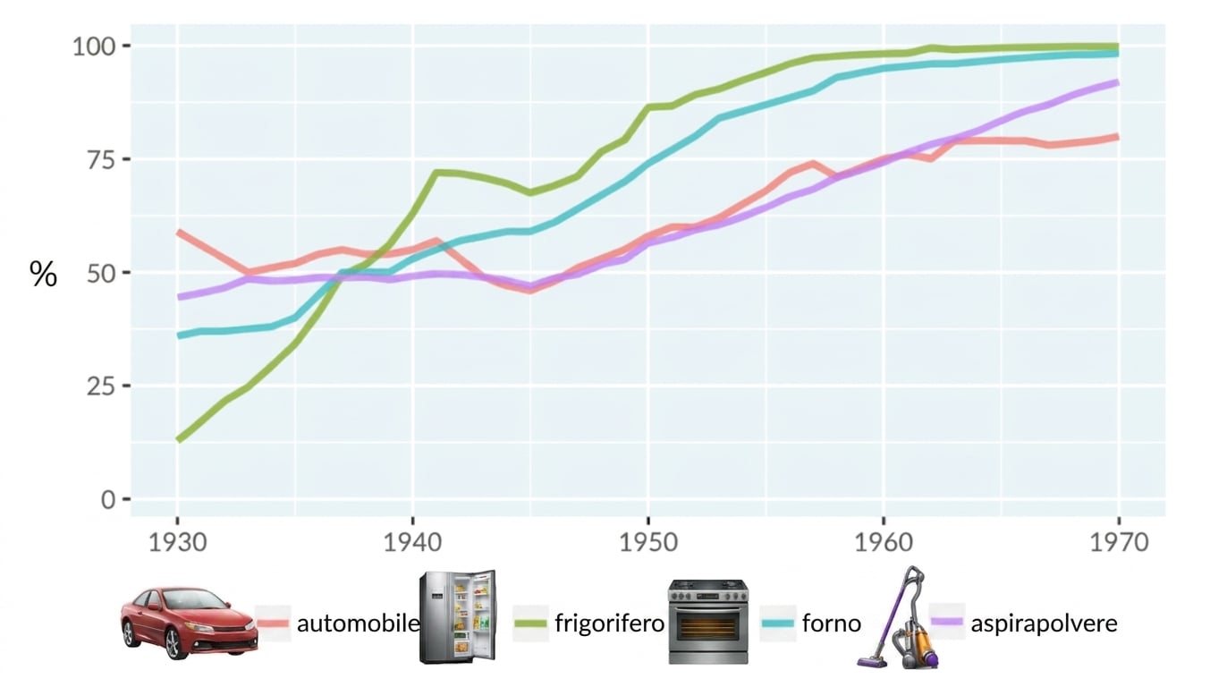 Un line plot dell'adozione di tecnologie da parte delle famiglie negli Stati Uniti. L'asse x va dal 1930 al 1970 e l'asse y va da 0 a 100 percento. Ci sono quattro linee che rappresentano l'adozione di automobili, frigoriferi, fornelli e aspirapolvere.
