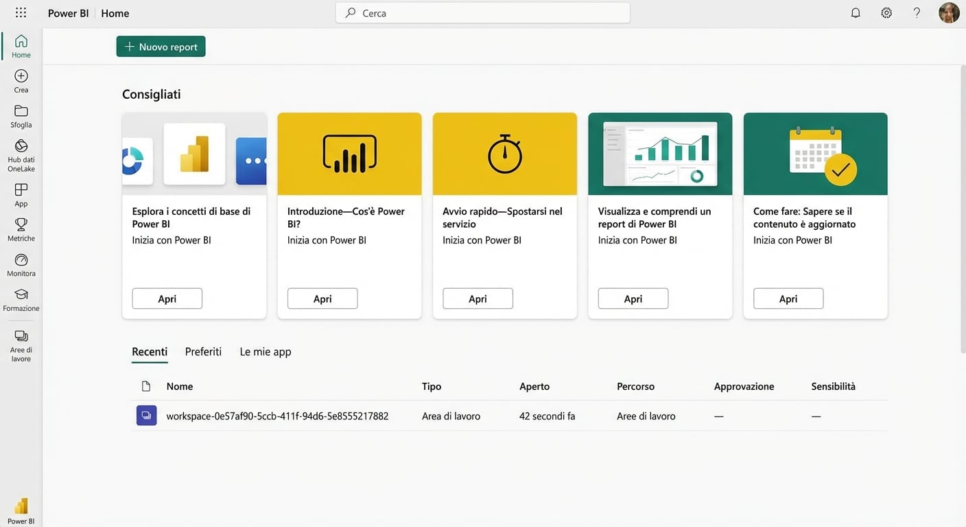 Home dopo l’accesso a Power BI Service