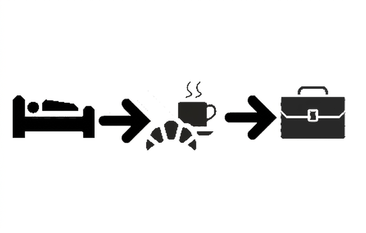 icone di una persona a letto seguite da un’icona di caffè seguita da un’icona di valigetta