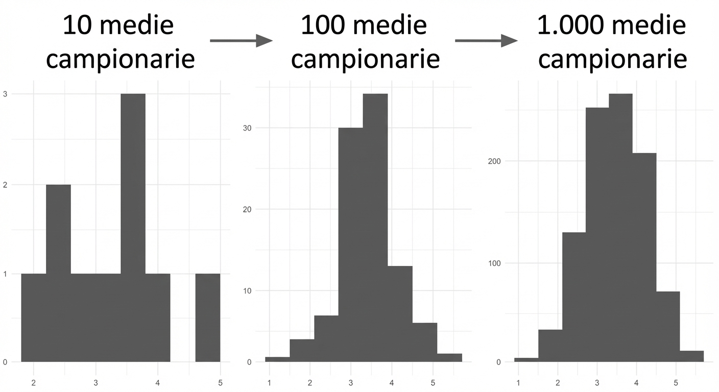 istogrammi di 10, 100 e 1000 medie campionarie; con più campioni la distribuzione diventa più a campana
