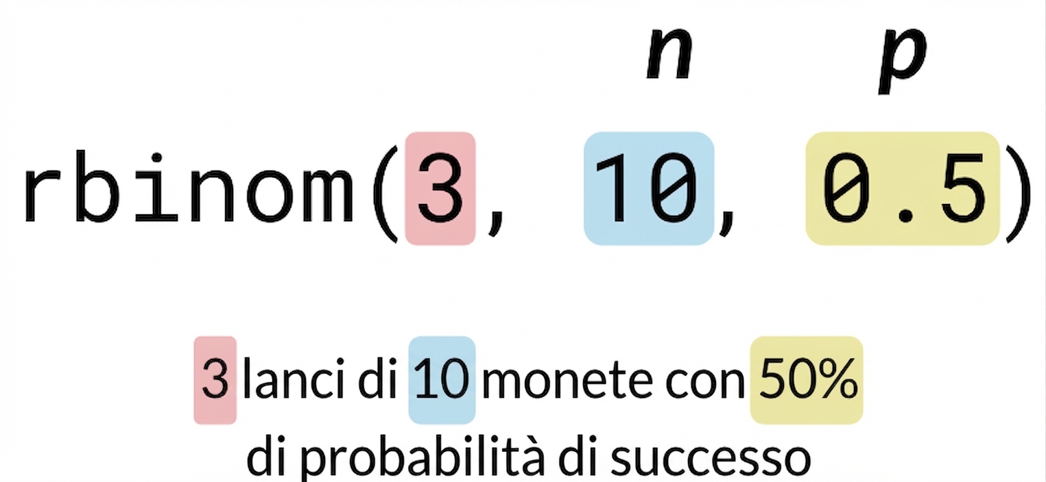 rbinom(3, 10, 0.5) con 3 in rosso, 10 in blu, 0.5 in giallo. Testo: 3 (in rosso) lanci di 10 (in blu) monete con 50% (in giallo) di probabilità di successo. n è scritto sopra il 10 in blu e p sopra lo 0.5 in giallo.