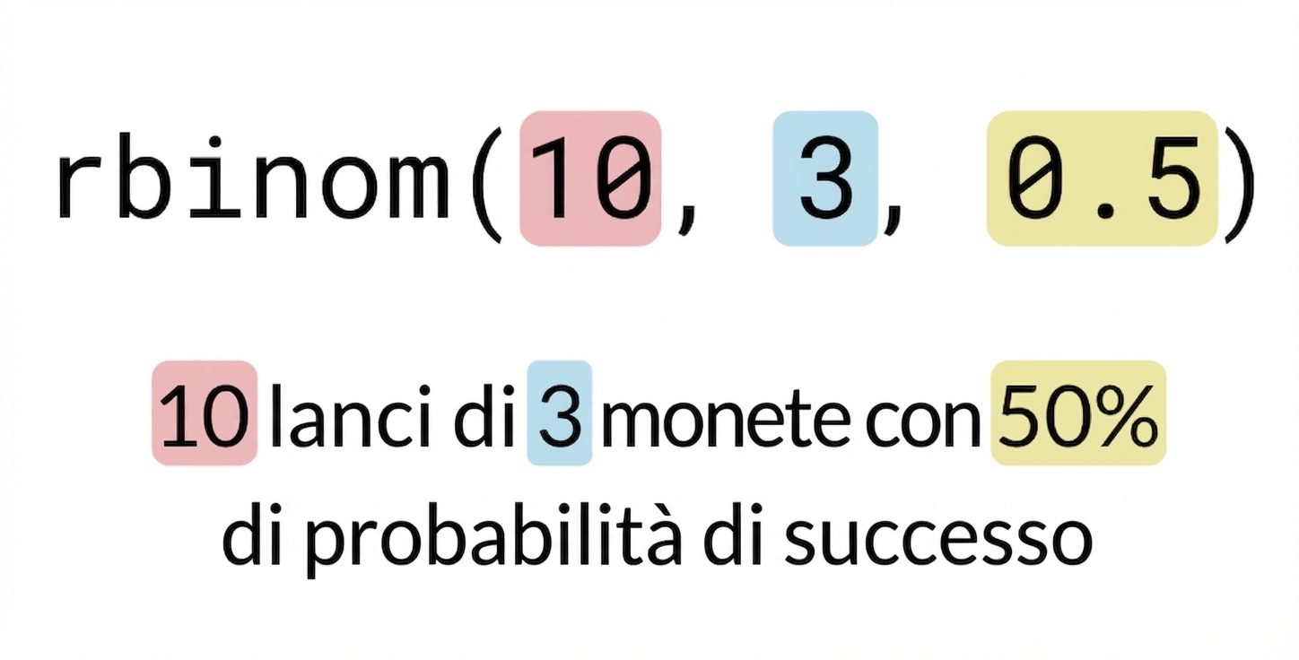 rbinom(10, 3, 0.5) con 10 in rosso, 3 in blu, 0.5 in giallo. Testo: 10 (in rosso) lanci di 3 (in blu) monete con 50% (in giallo) di probabilità di successo