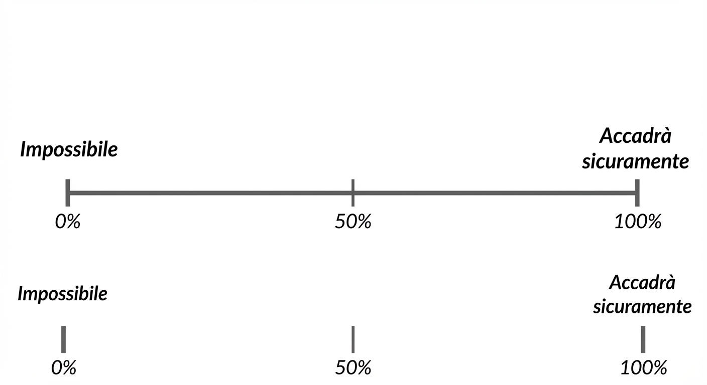 Linea dei numeri della probabilità. 0 percento = impossibile, 100 percento = certo