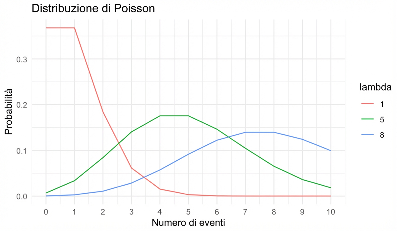 3 distribuzioni di Poisson: una con lambda = 1, una con lambda = 5 e una con lambda = 8