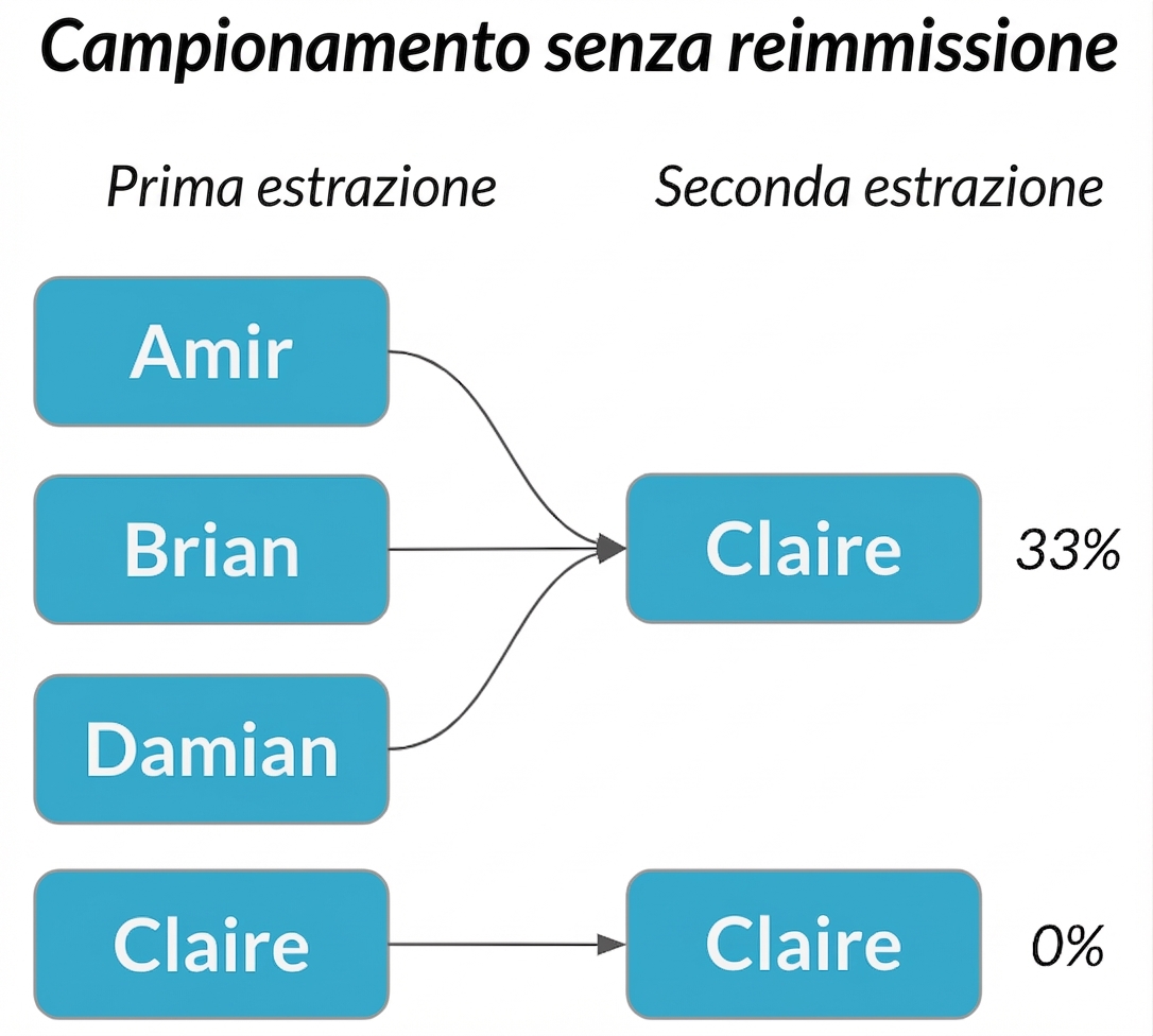 Amir, Brian e Damian nella prima colonna puntano a Claire nella seconda con probabilità 33%