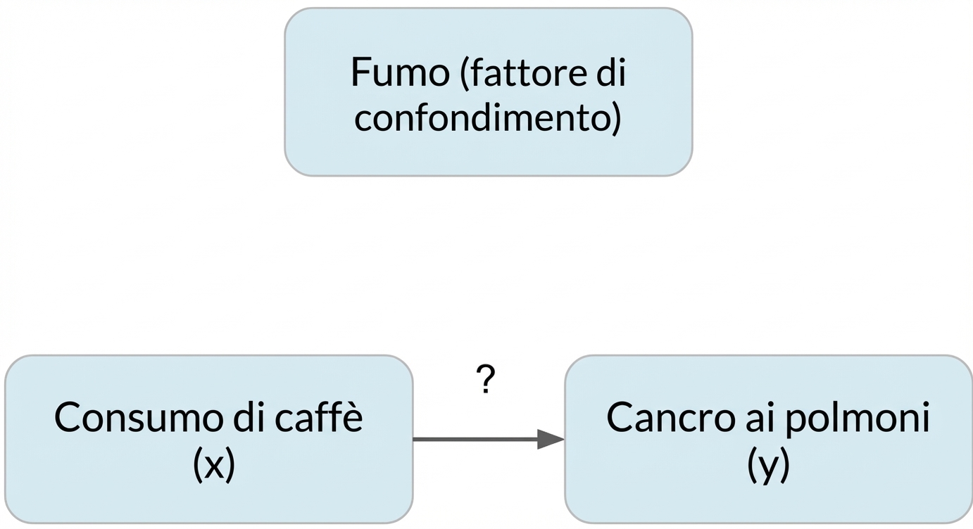 Bere caffè (x) che punta a tumore ai polmoni (y) con fumo (confondente) sopra