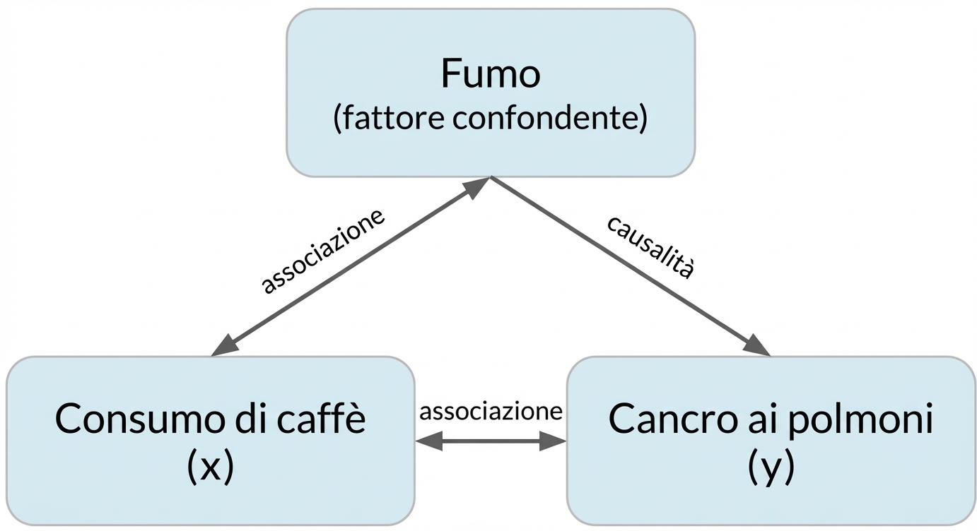 Bere caffè (x) con doppia freccia verso tumore ai polmoni (y) etichettata "associazione". Doppia freccia tra fumo e caffè, etichetta "associazione". Freccia da fumo a tumore ai polmoni etichettata "causalità".