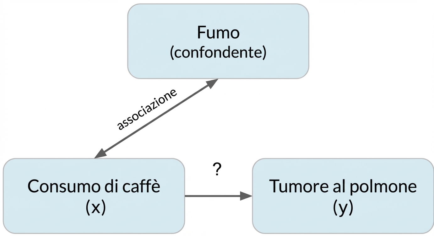 Bere caffè (x) che punta a tumore ai polmoni (y) con fumo (confondente). Doppia freccia tra fumo e caffè, etichetta "associazione".