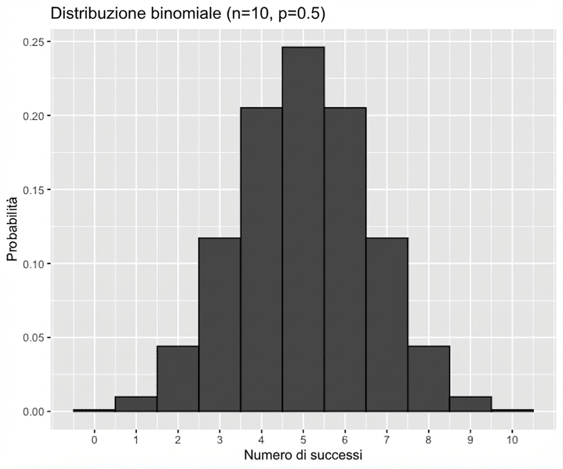 Grafico della distribuzione binomiale con n=10, p = 0.5