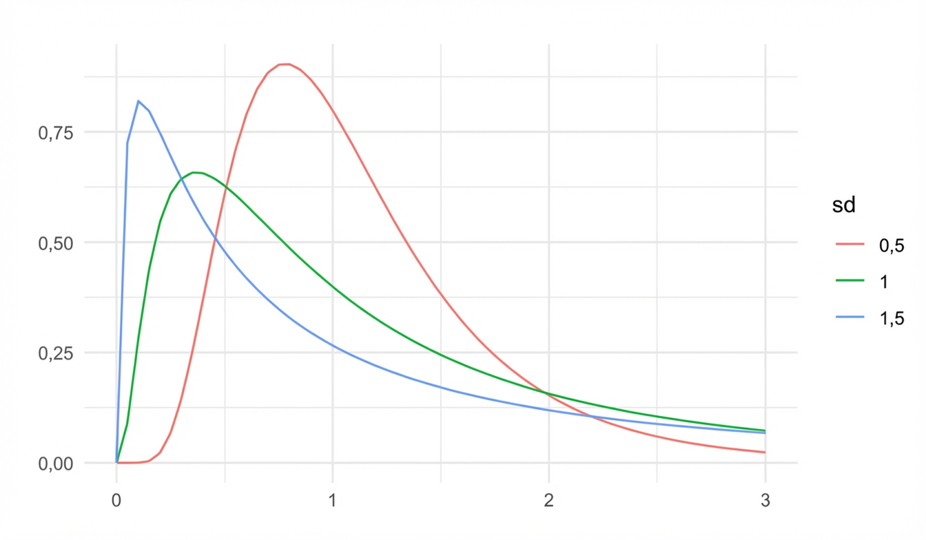 3 log-normal distributions with sd = 0.5, sd = 1, and sd = 1.5