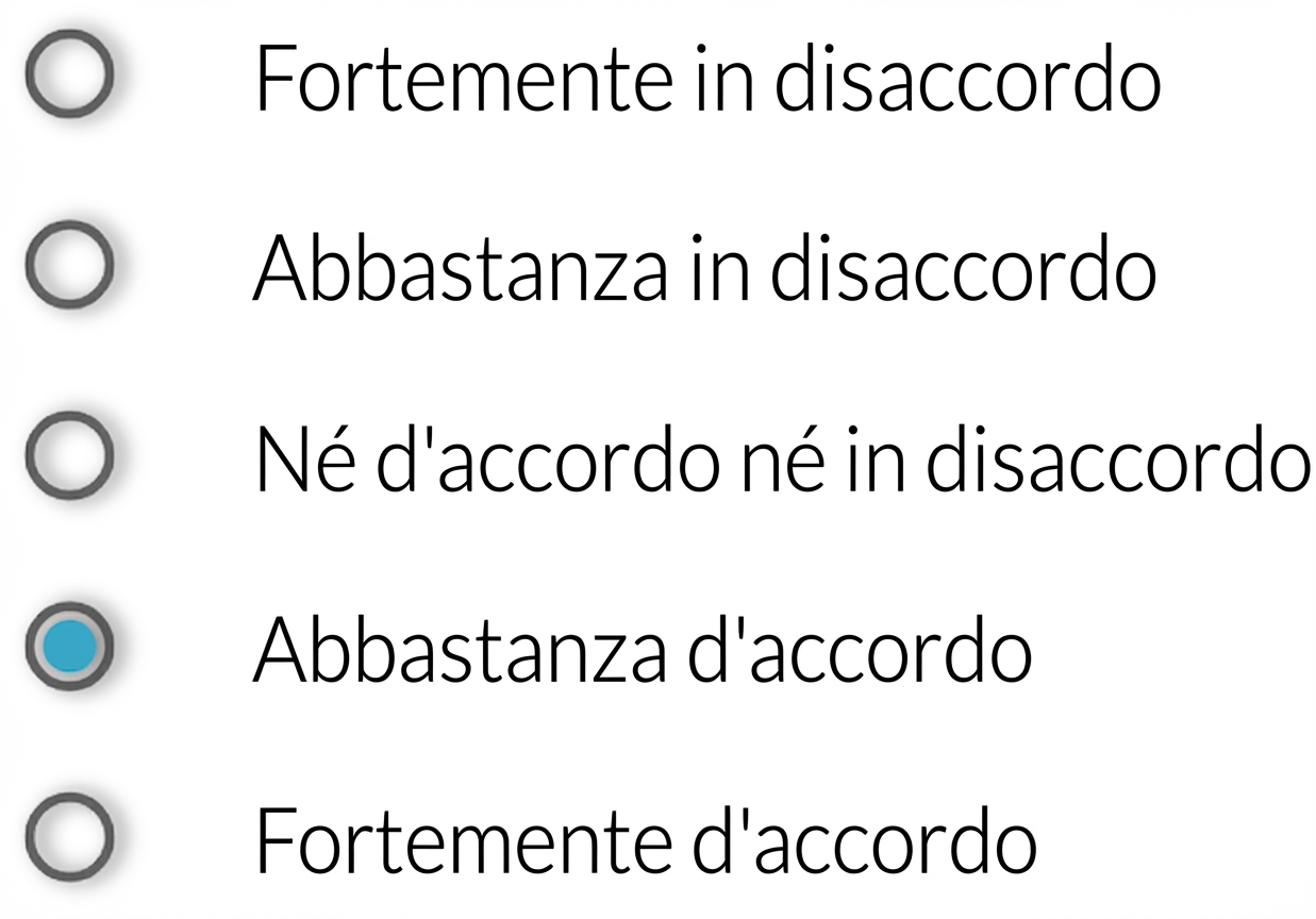 fortemente in disaccordo/abbastanza in disaccordo/né d'accordo né in disaccordo/abbastanza d'accordo/fortemente d'accordo