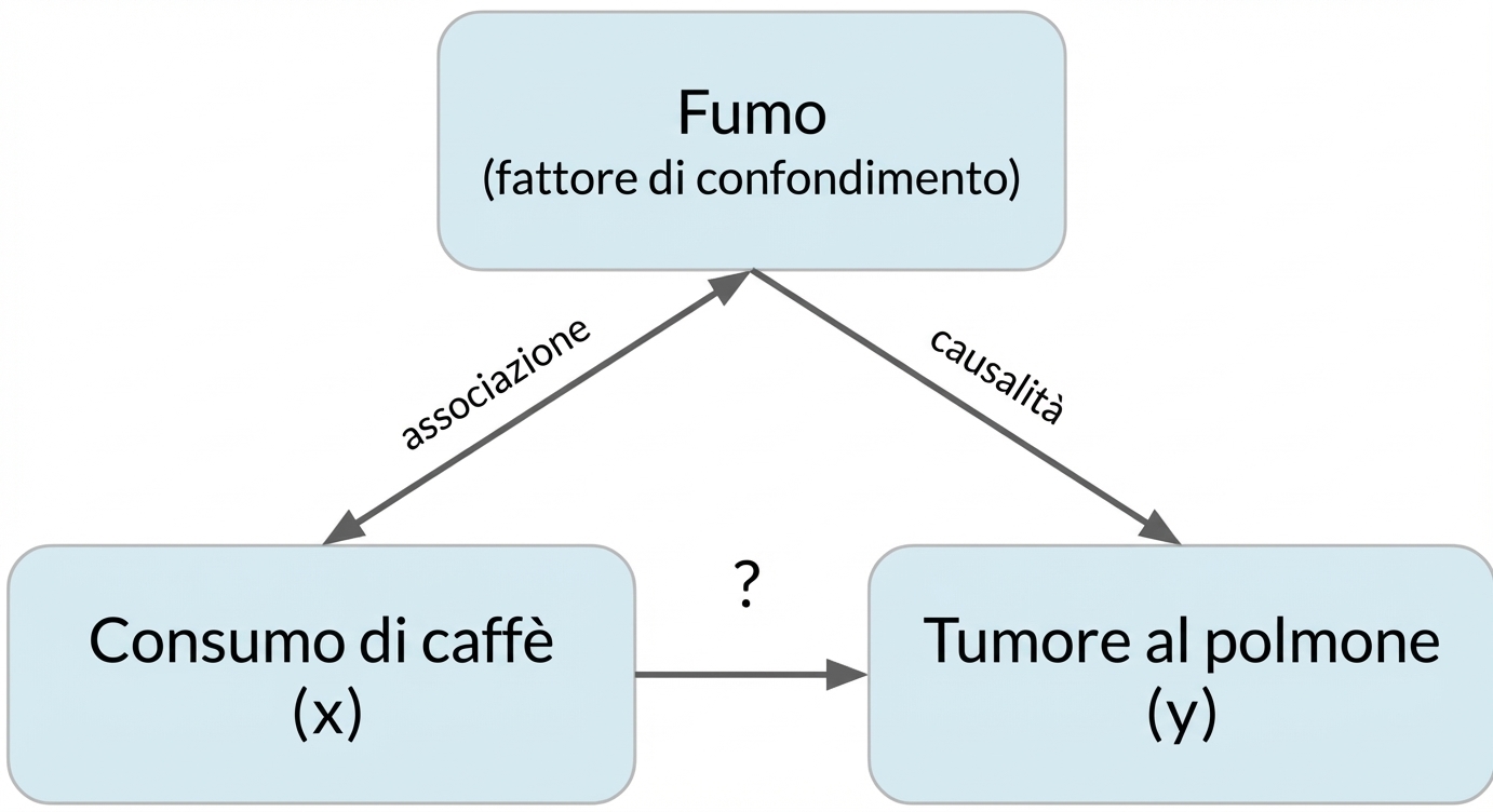 Bere caffè (x) che punta a tumore ai polmoni (y) con fumo (confondente). Doppia freccia tra fumo e caffè, etichetta "associazione". Freccia da fumo a tumore ai polmoni etichettata "causalità"