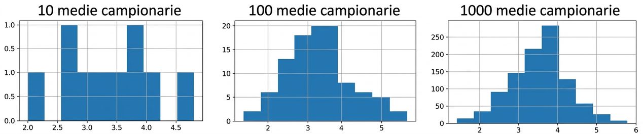istogrammi di 10, 100 e 1000 medie campionarie: con più medie la distribuzione è più a campana