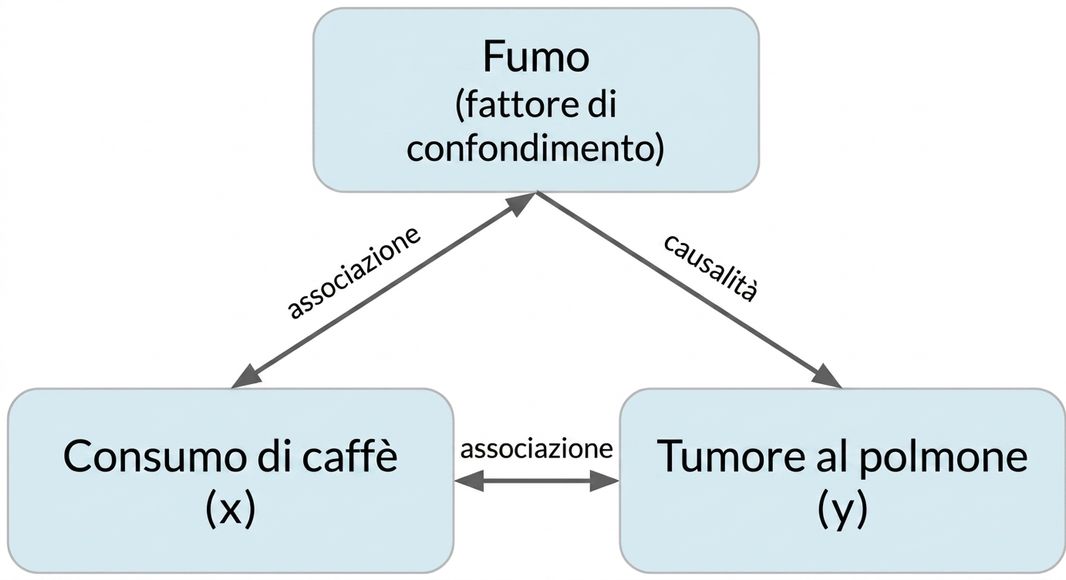 Bere caffè (x) con doppia freccia verso cancro ai polmoni (y) etichettata "associazione". Doppia freccia tra fumo e caffè, "associazione". Freccia da fumo a cancro ai polmoni, "causalità".
