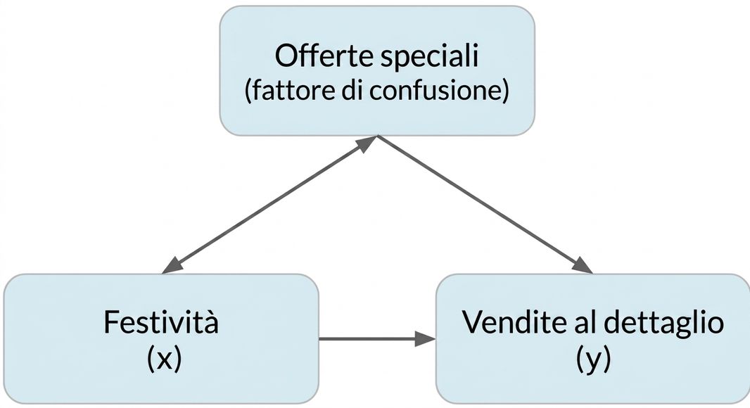 Festività (x) punta a vendite retail (y). Offerte speciali (confondente) ha doppia freccia con festività e singola freccia verso vendite retail.