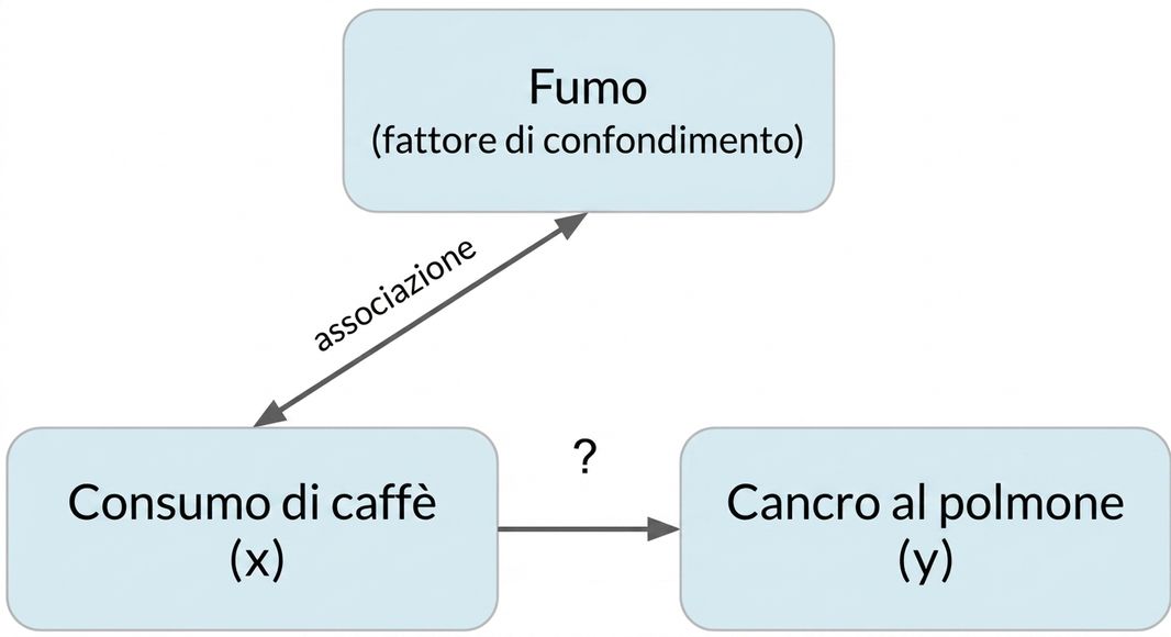 Bere caffè (x) che punta a cancro ai polmoni (y) con fumo (confondente). Doppia freccia tra fumo e caffè, etichetta "associazione".