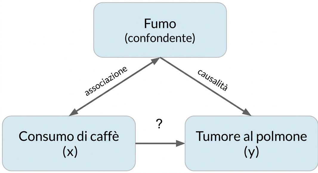 Bere caffè (x) che punta a cancro ai polmoni (y) con fumo (confondente). Doppia freccia tra fumo e caffè, etichetta "associazione". Freccia da fumo a cancro ai polmoni, etichetta "causalità"