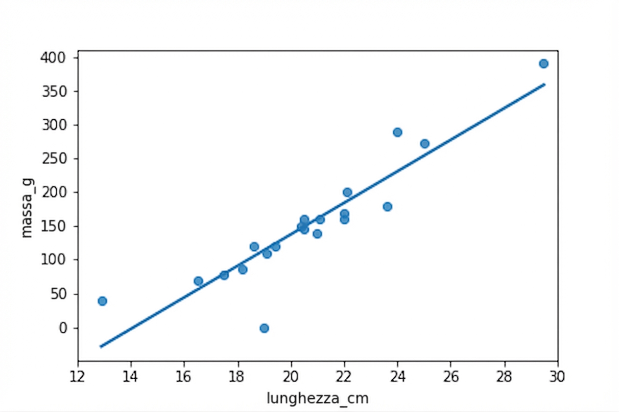 Uno scatter plot delle masse delle scardole rispetto alle lunghezze con una linea di tendenza. La maggior parte dei punti segue da vicino la linea.