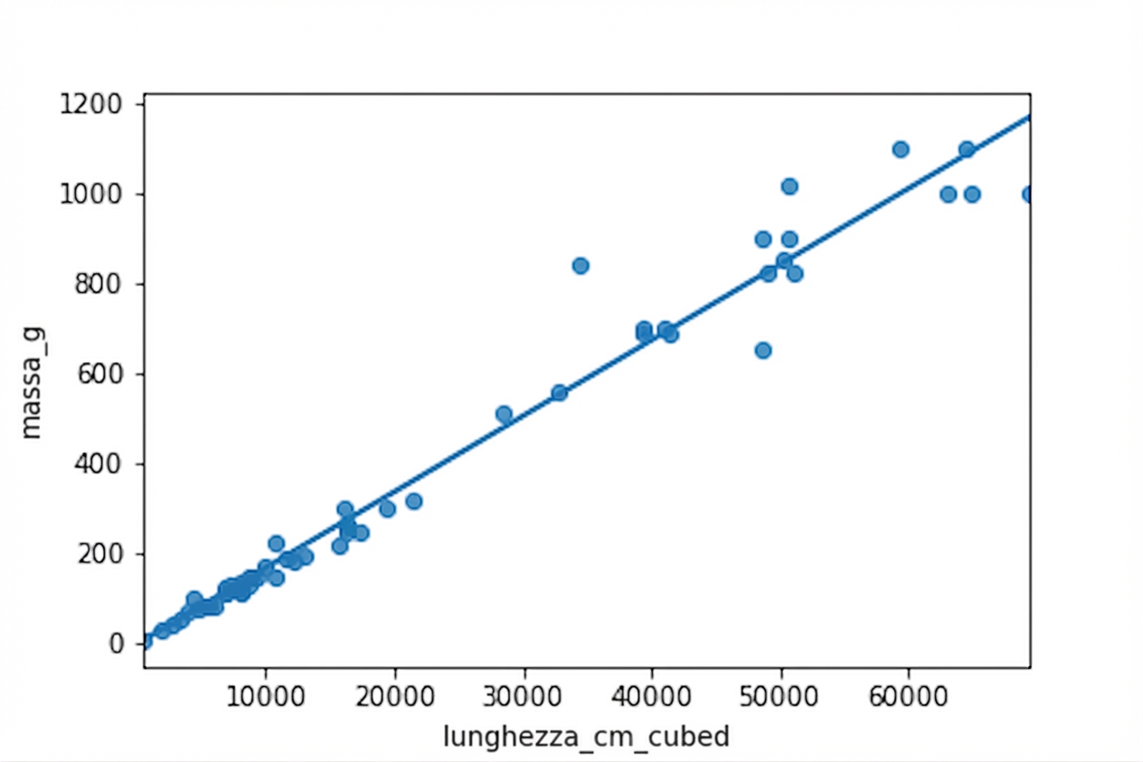 Uno scatter plot delle masse delle persiche rispetto alle lunghezze al cubo, con linea di tendenza. Dopo la trasformazione, i punti sono per lo più vicini alla linea.