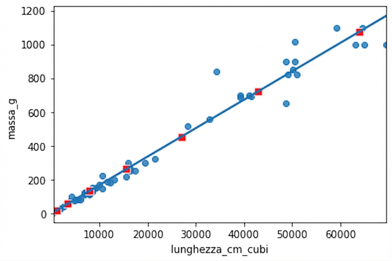 Lo scatter plot di massa vs lunghezza al cubo, con linea di tendenza, annotato con punti calcolati da predict(). I punti seguono esattamente la linea.