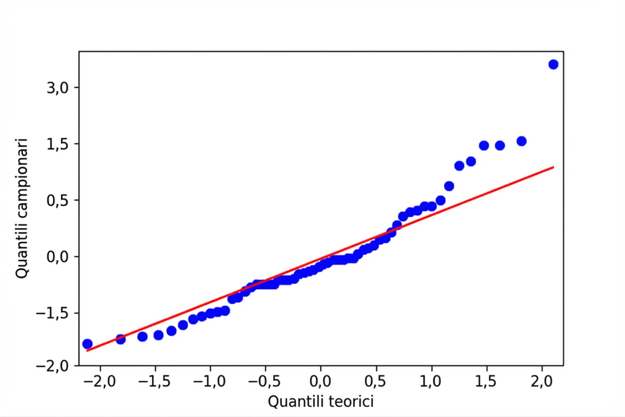 Un Q-Q plot dei residui standardizzati del modello per il persico rispetto ai quantili teorici. I punti non seguono da vicino la linea di uguaglianza, soprattutto a destra del grafico.