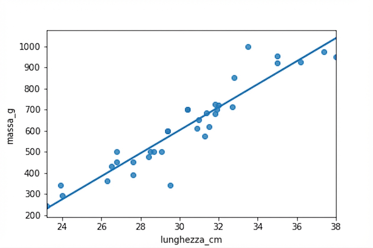 Il grafico a dispersione delle masse dell’orata rispetto alle lunghezze, con linea di tendenza, già mostrato.